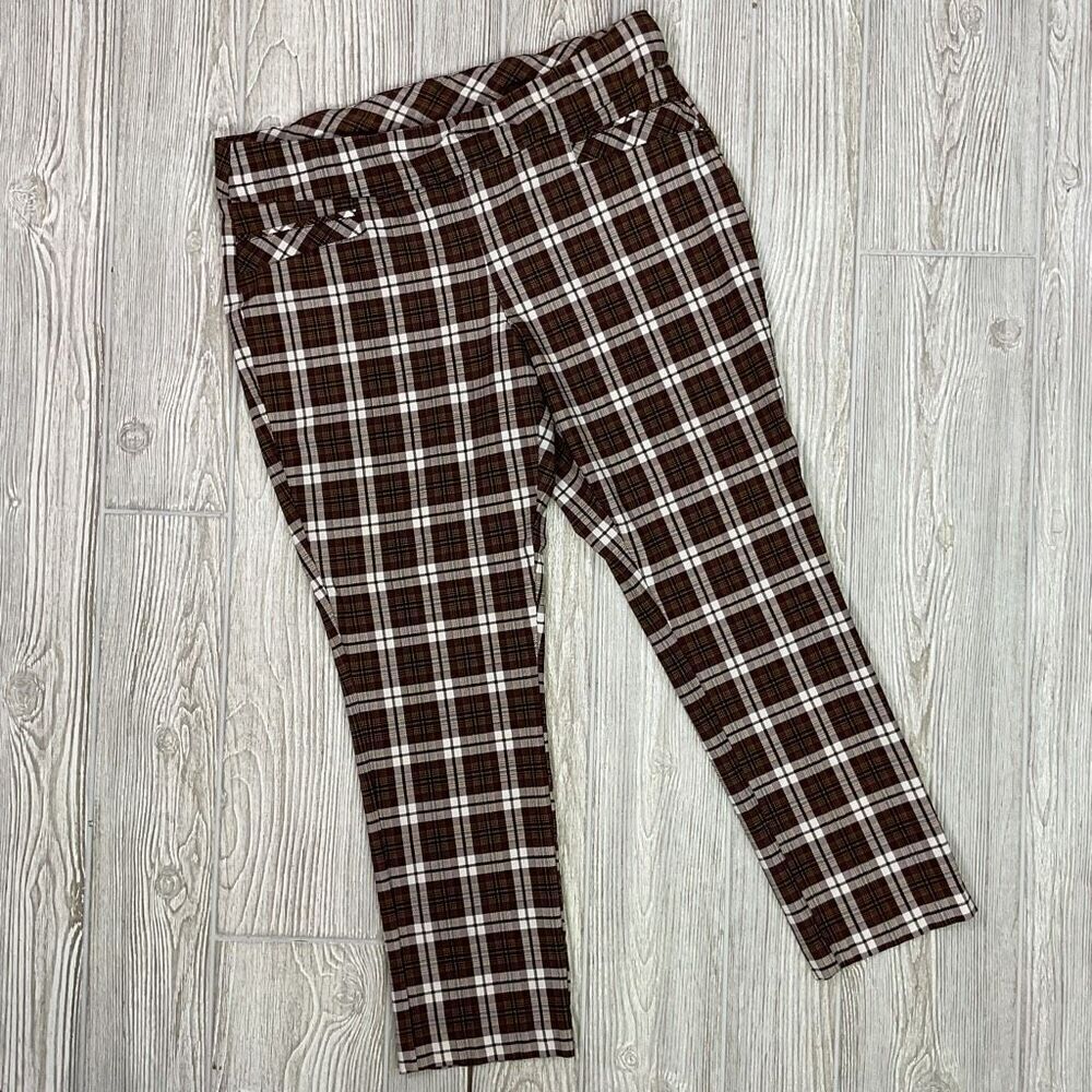 Joe B Women's Size XL Brown White Checkerboard Curvy High Waisted Pants Trousers